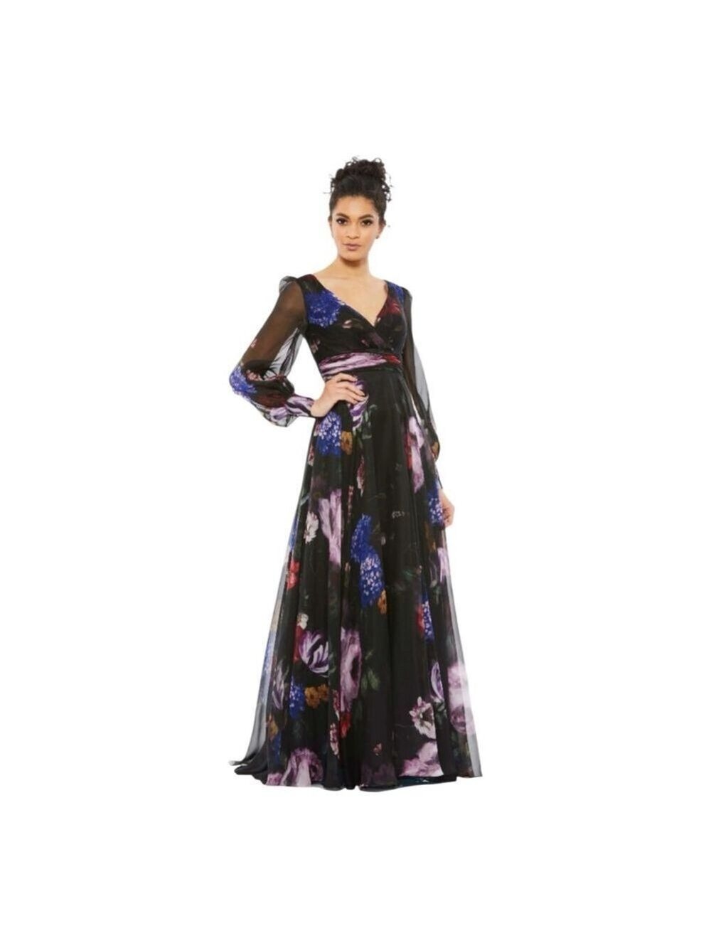 Women's Mac Duggal Black Multicolor Floral Long Sleeve Maxi Chiffon Dress Size 2